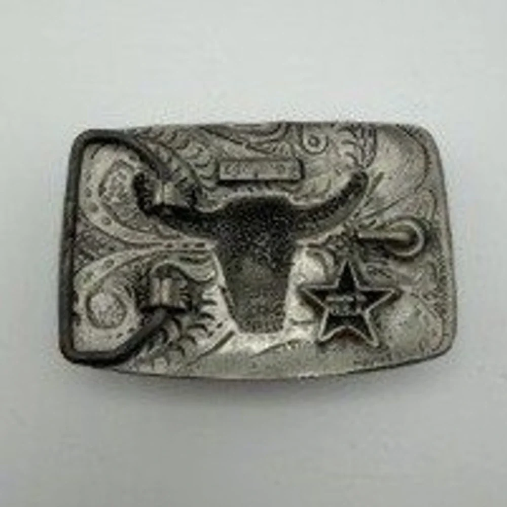 Vintage Silver-Tone Western Belt Buckle Longhorn Steer Skull Feather CowboyRodeo